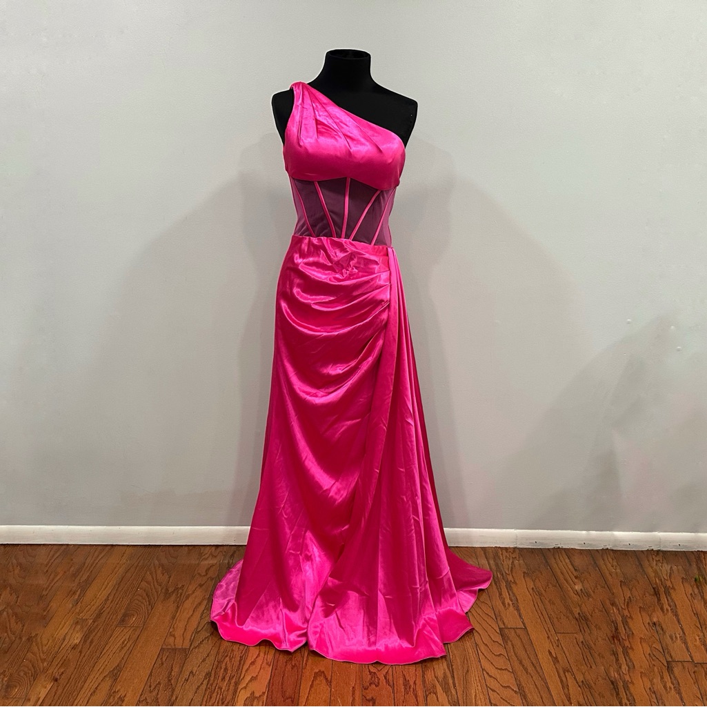 Sherri Hill 55388 Hot Pink One Shoulder Sheer Bodice Gown Sz 6